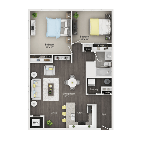 Floor plan for 2 beds, 1 bath, 1005 sqft
